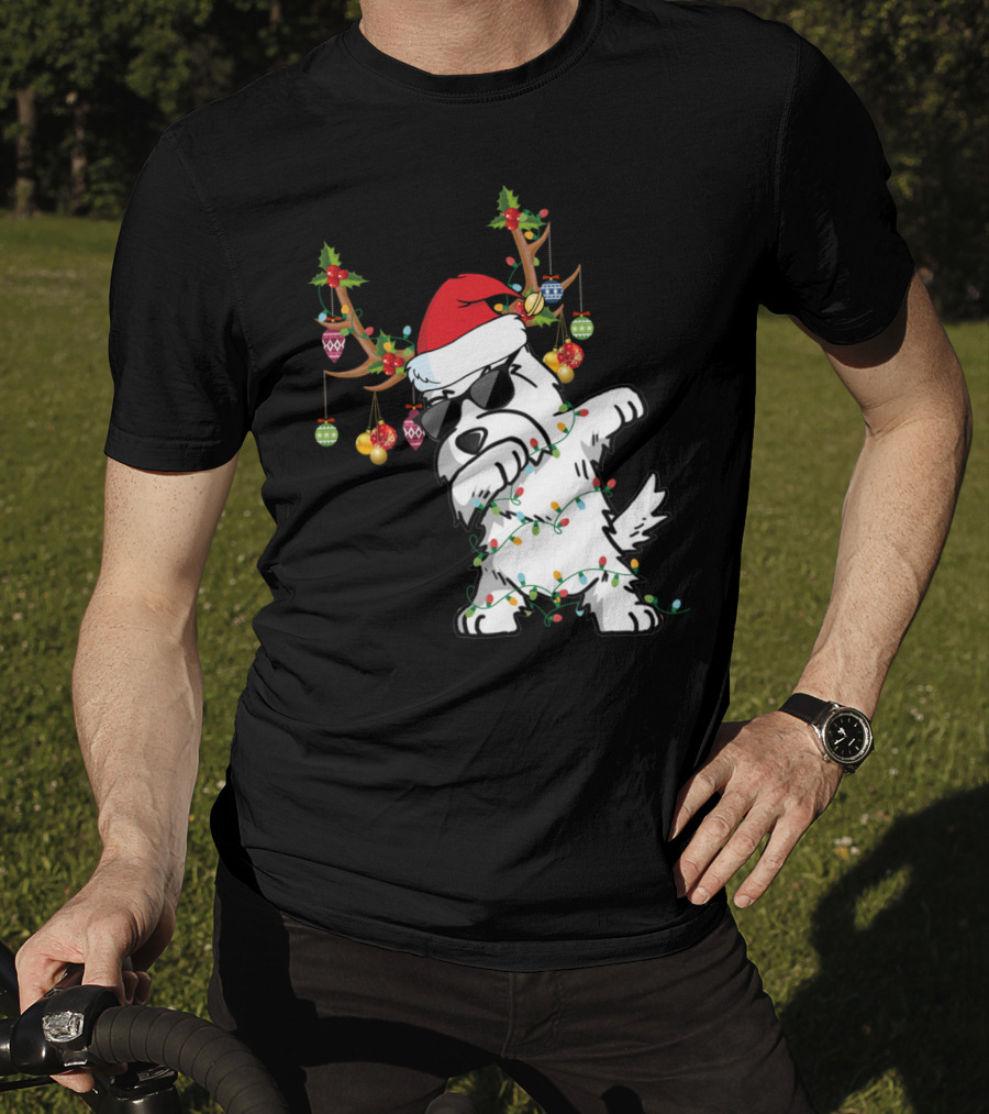 Dabbing Westie Dog Christmas Lights Santa Hat Reindeer Antlers Ornaments T-Shirt