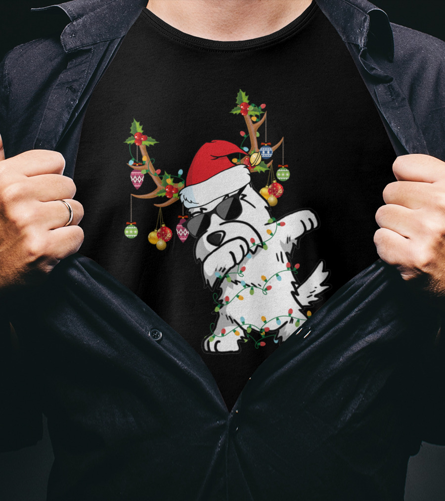 Dabbing Westie Dog Christmas Lights Santa Hat Reindeer Antlers Ornaments T-Shirt