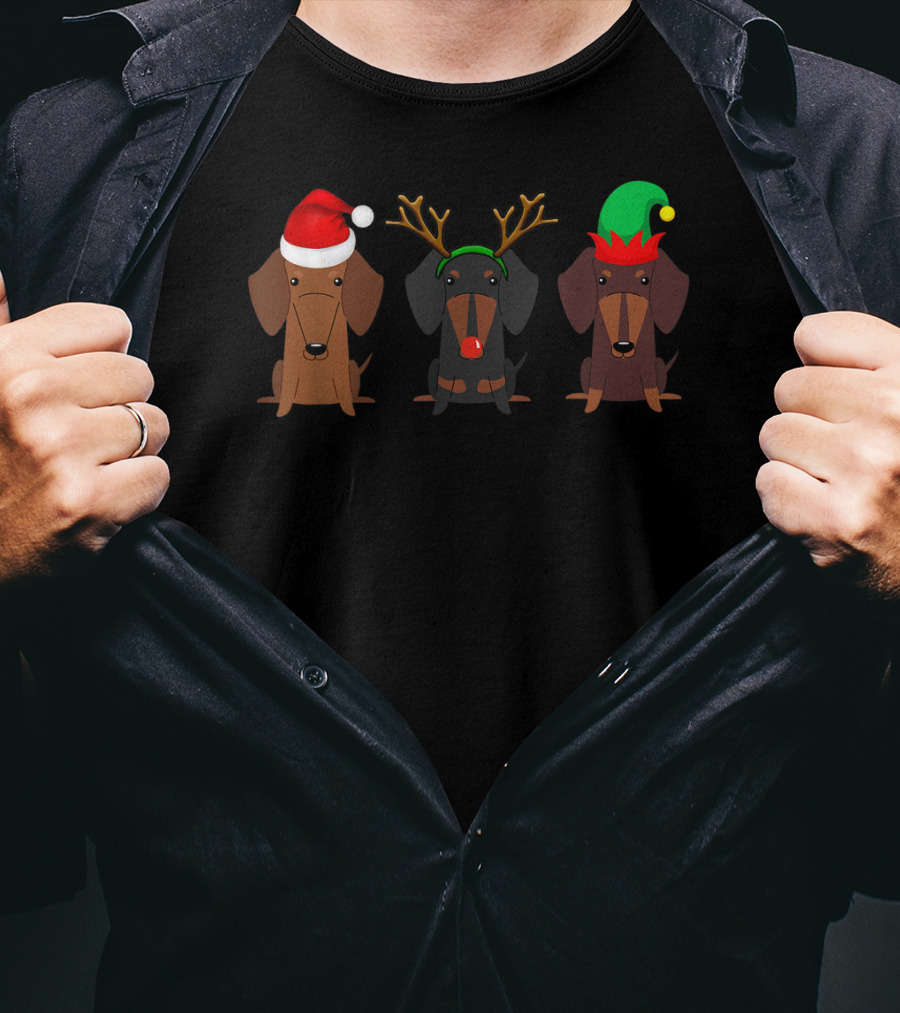Dachshund Christmas Mom Women Weiner Dog With Santa Hat Reindeer Antlers Elf Hat T-Shirt