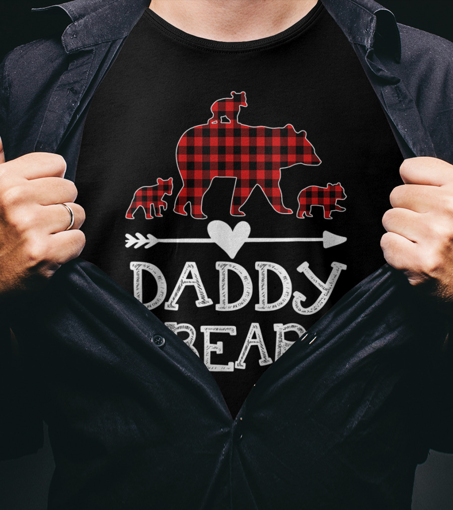 Daddy Bear Red Plaid Three Cubs Arrow Heart T-Shirt