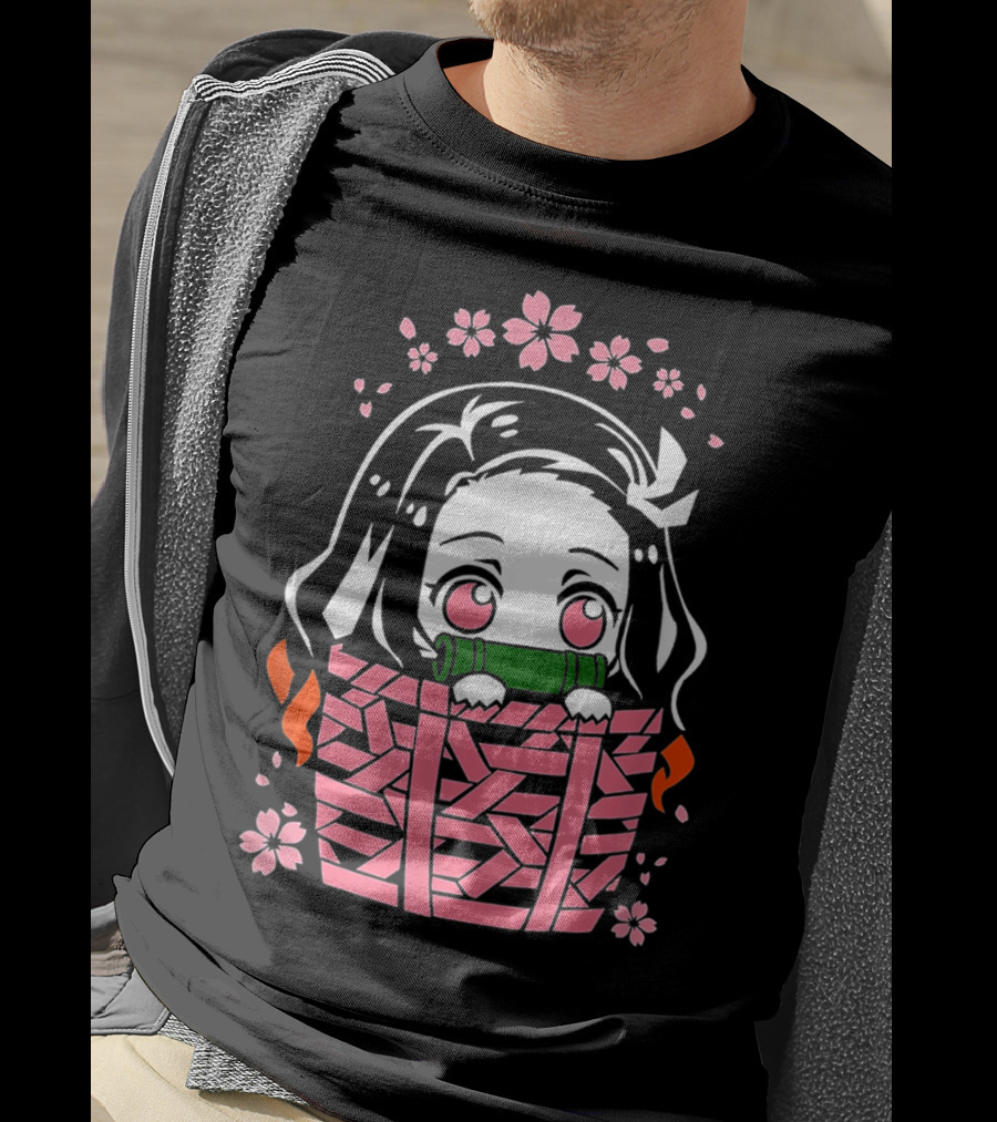 Nezuko Kamado Kawaii Chibi With Bamboo Mouthpiece And Cherry Blossoms Demon Slayer Anime T-Shirt