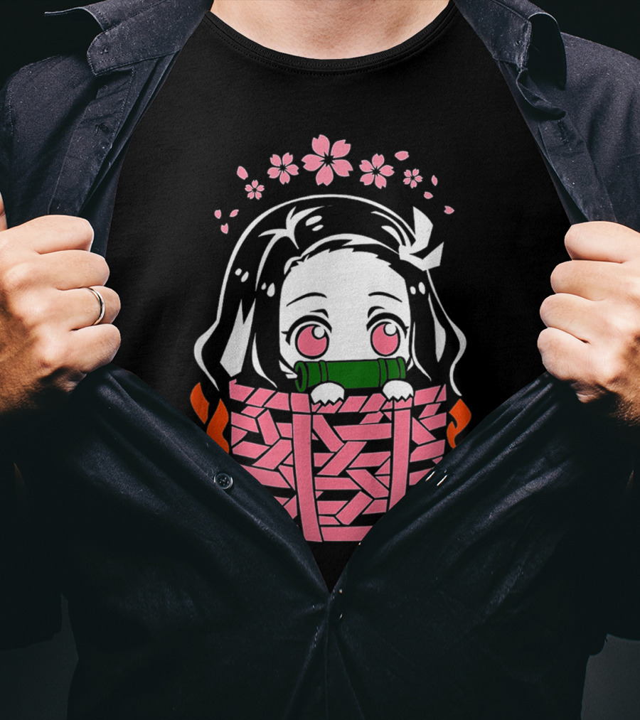 Nezuko Kamado Kawaii Chibi With Bamboo Mouthpiece And Cherry Blossoms Demon Slayer Anime T-Shirt