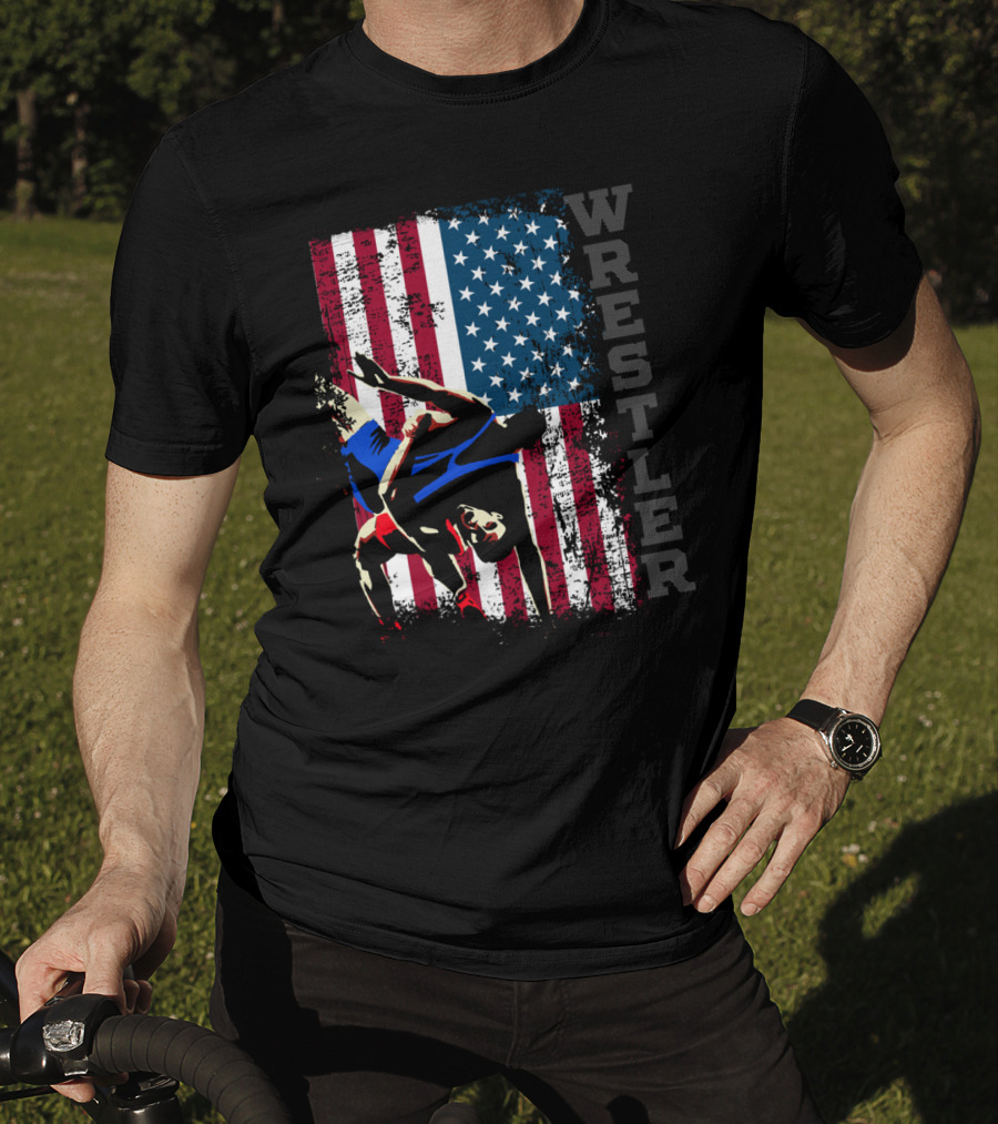 Wrestler Distressed American Flag Wrestling T-Shirt