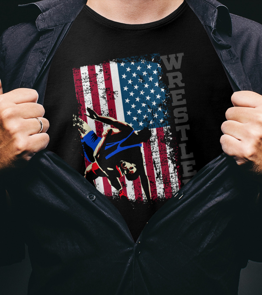 Wrestler Distressed American Flag Wrestling T-Shirt