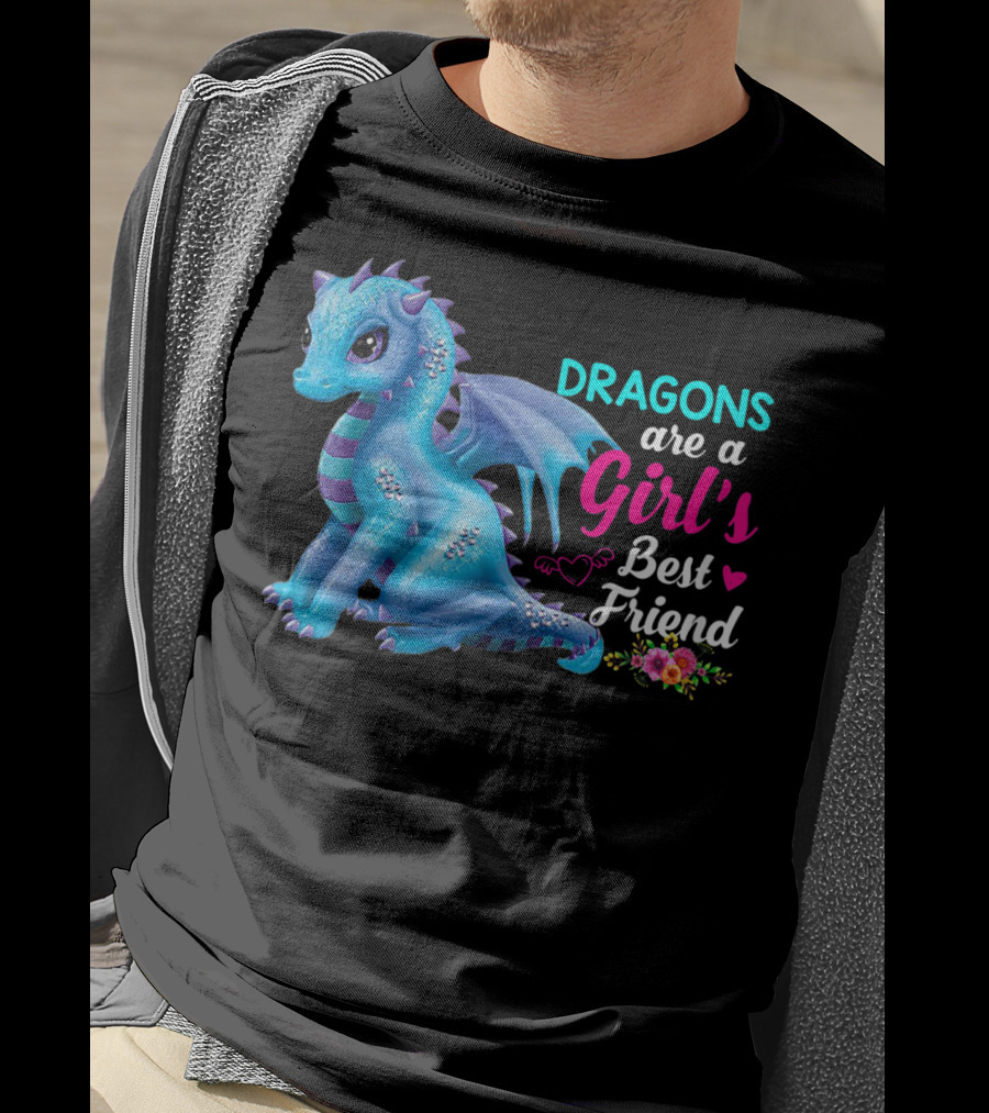 Dragons Are A Girl's Best Friend Cute Blue Dragon With Hearts And Flowers T-Shirt