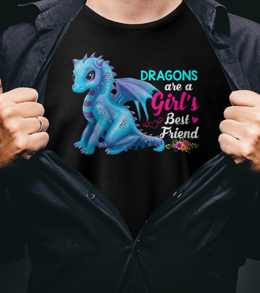 Dragons Are A Girl's Best Friend Cute Blue Dragon With Hearts And Flowers T-Shirt