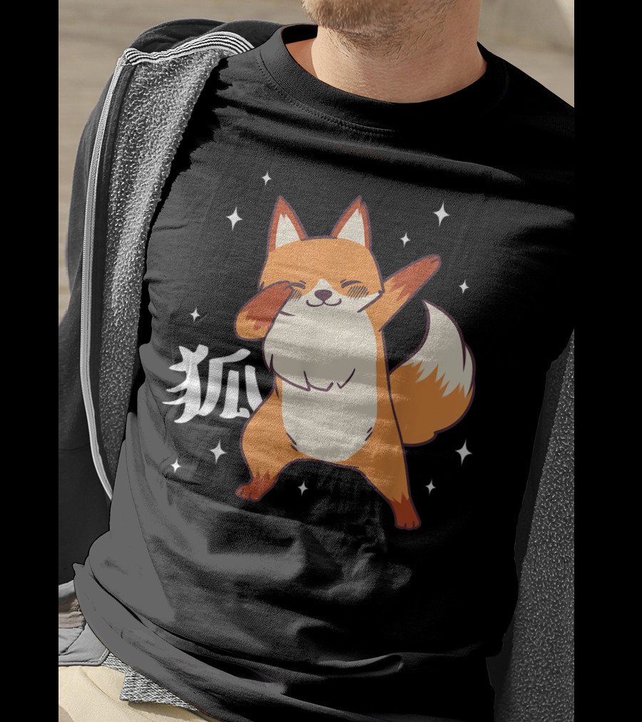 Fox Dabbing Kawaii Kitsune Japanese Kanji Stars T-Shirt