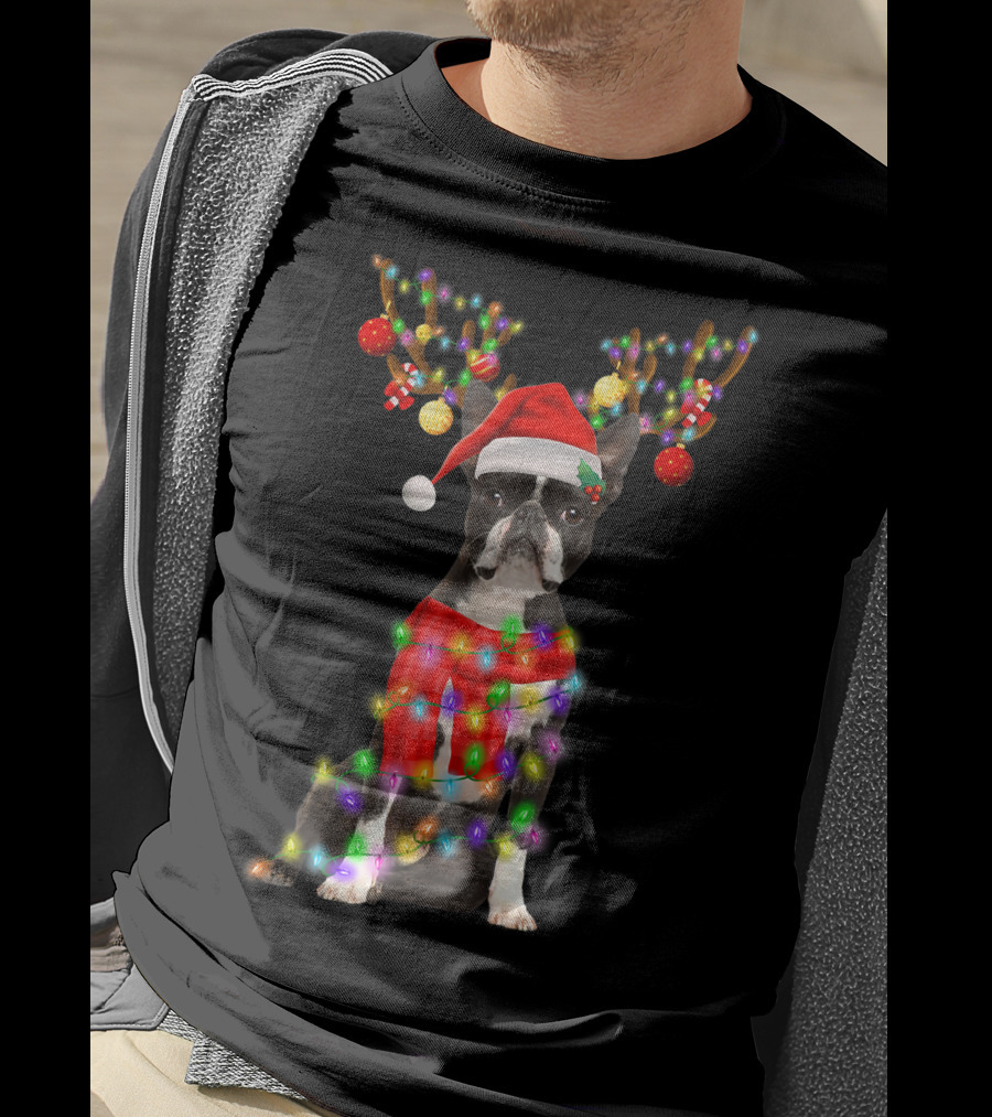 Funny Boston Terrier Christmas Reindeer With Santa Hat And Holiday Lights T-Shirt