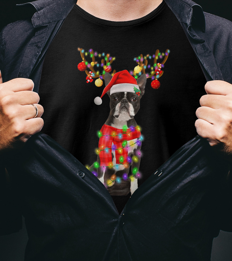 Funny Boston Terrier Christmas Reindeer With Santa Hat And Holiday Lights T-Shirt