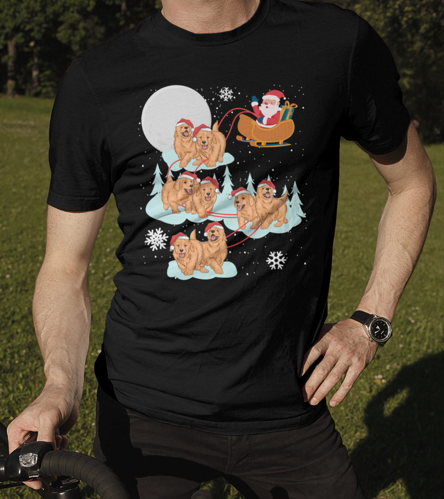 Funny Christmas Golden Retriever Santa Sleigh Holiday Scene T-Shirt