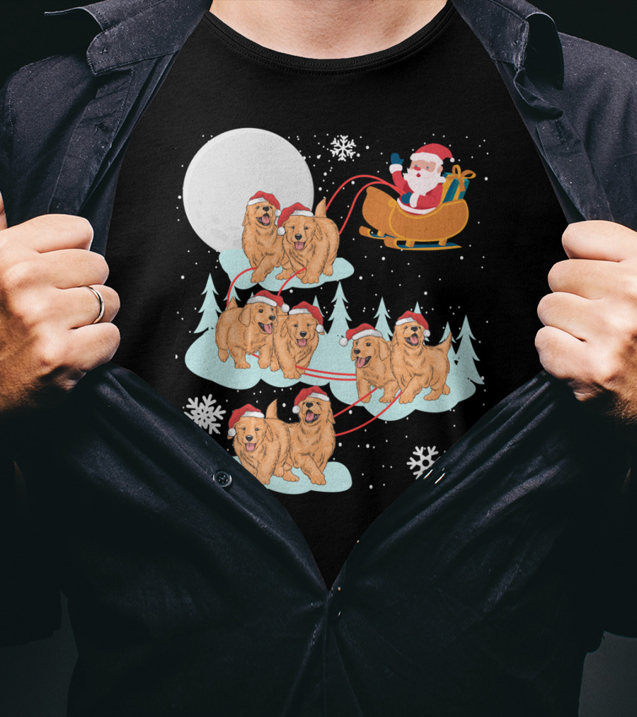 Funny Christmas Golden Retriever Santa Sleigh Holiday Scene T-Shirt