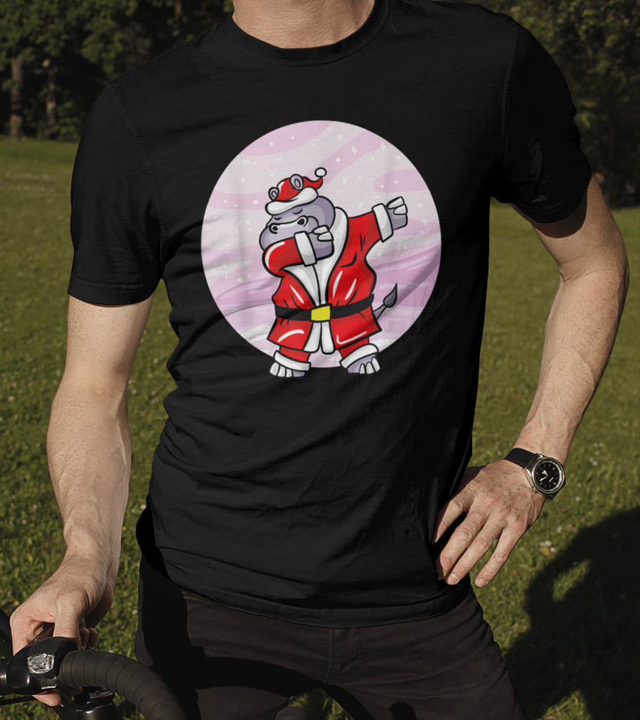Funny Dabbing Christmas Santa Claus Hippo With Red Santa Suit T-Shirt