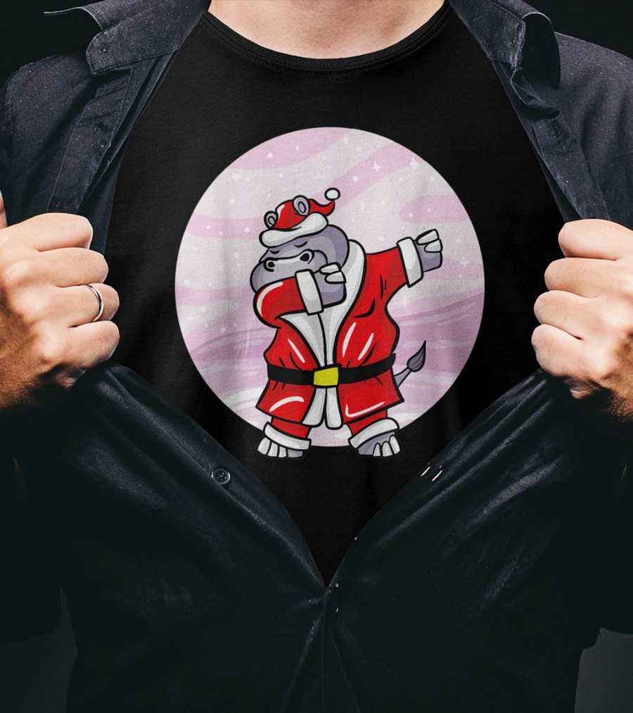 Funny Dabbing Christmas Santa Claus Hippo With Red Santa Suit T-Shirt