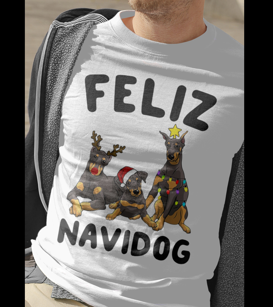 Feliz Navidog Doberman Pinscher With Reindeer Antlers Santa Hat And Christmas Lights T-Shirt
