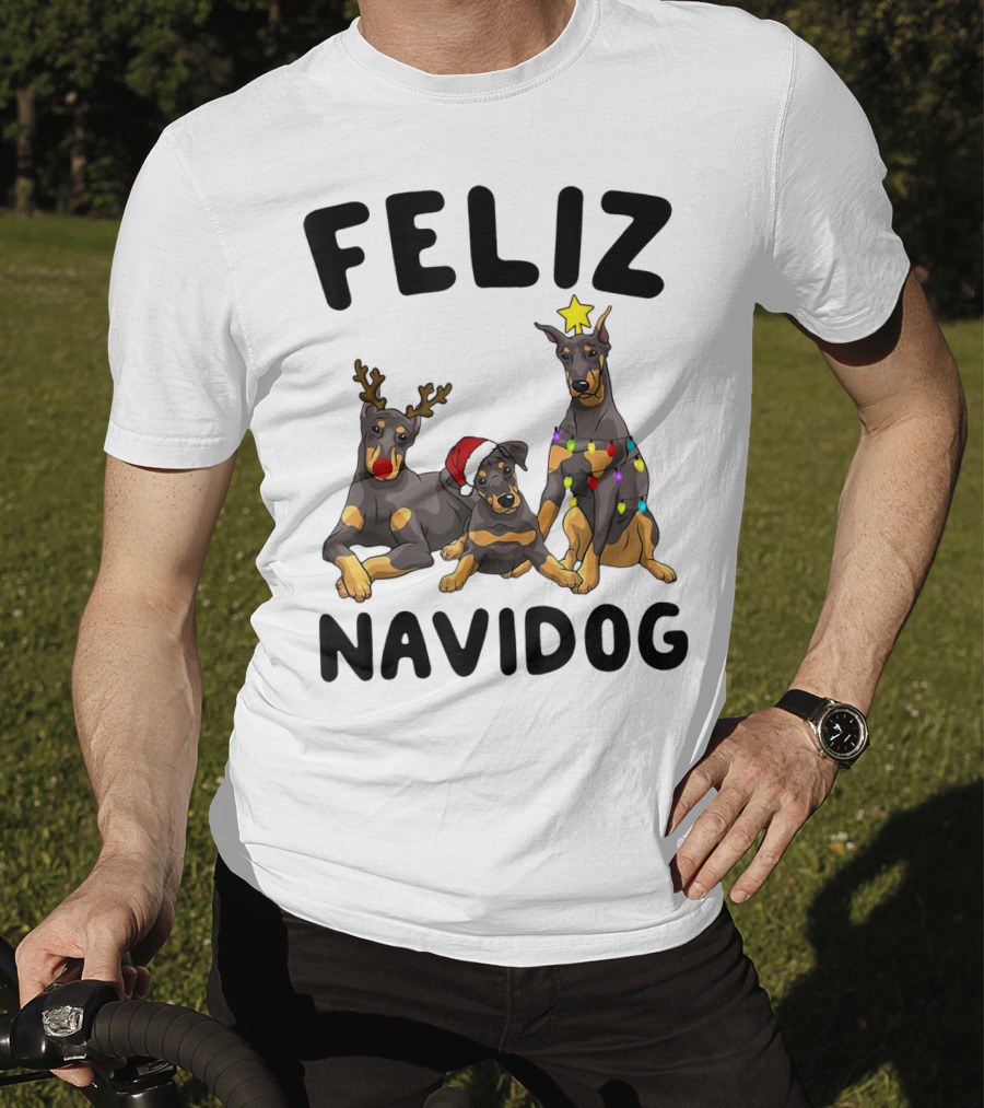 Feliz Navidog Doberman Pinscher With Reindeer Antlers Santa Hat And Christmas Lights T-Shirt
