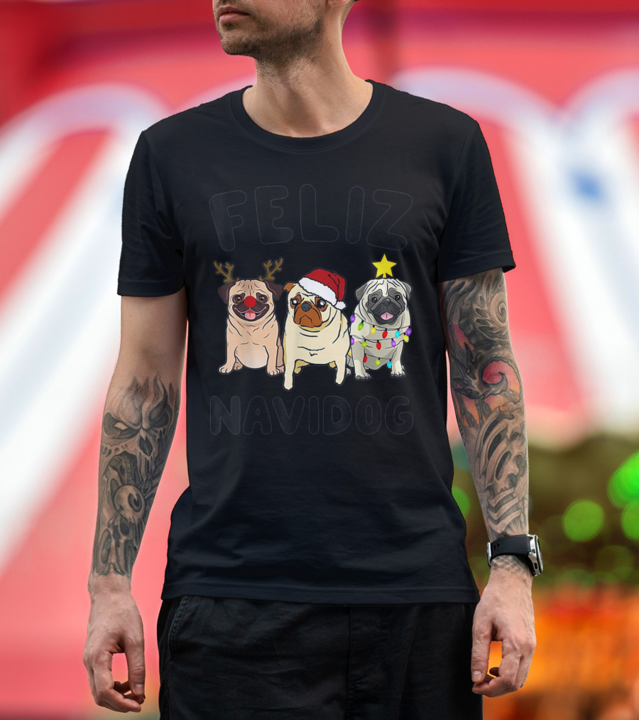 Feliz Navidog Pugs Christmas Antlers Santa Hat Lights T-Shirt