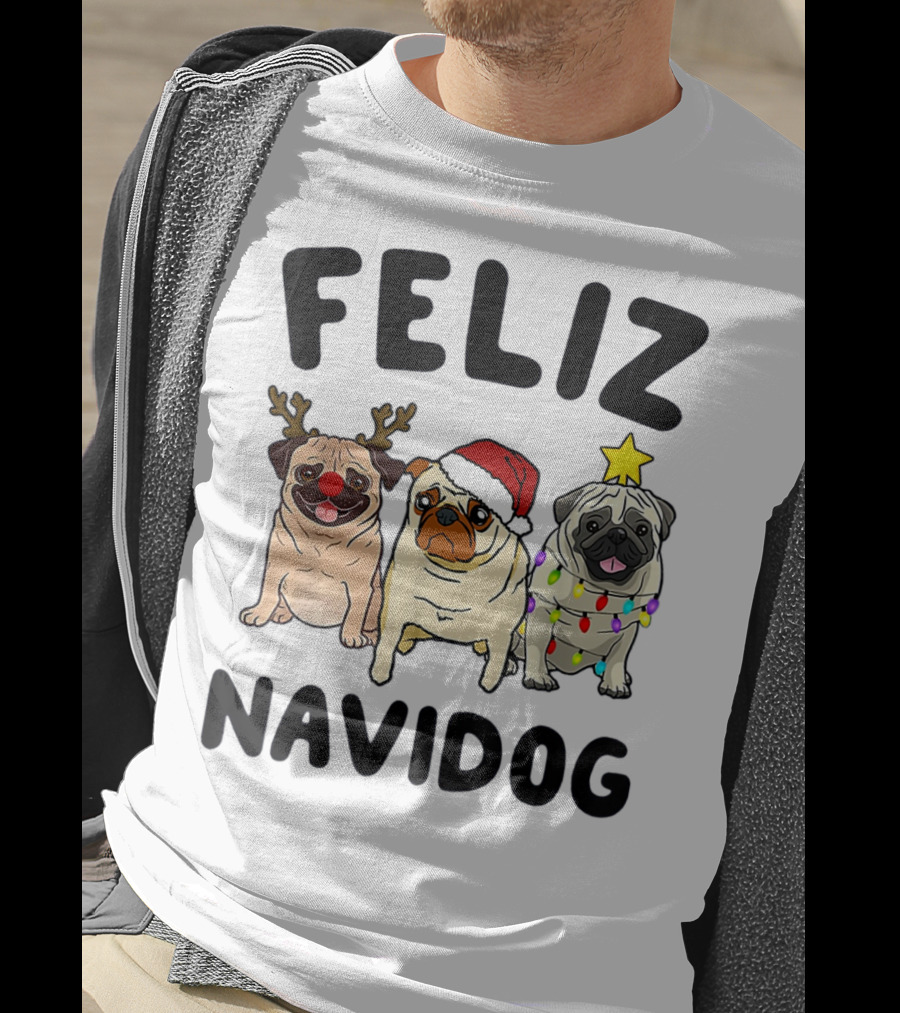 Feliz Navidog Pugs Christmas Antlers Santa Hat Lights T-Shirt