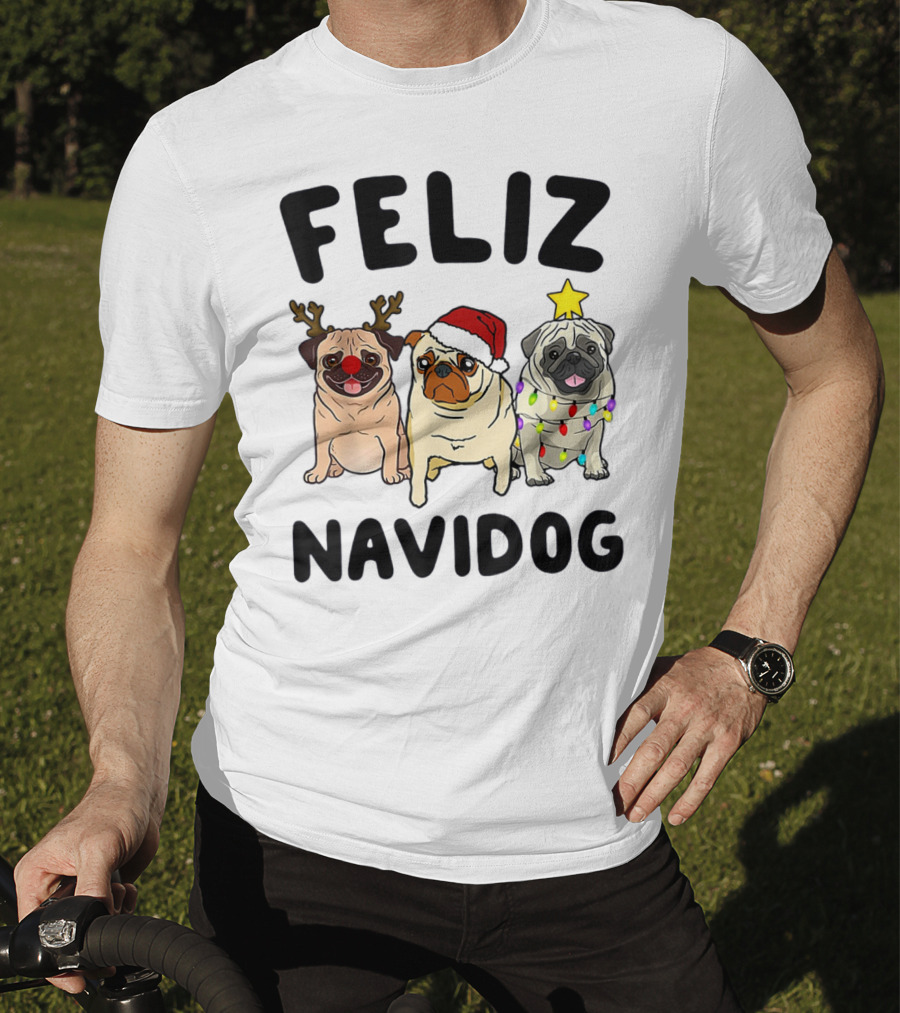 Feliz Navidog Pugs Christmas Antlers Santa Hat Lights T-Shirt