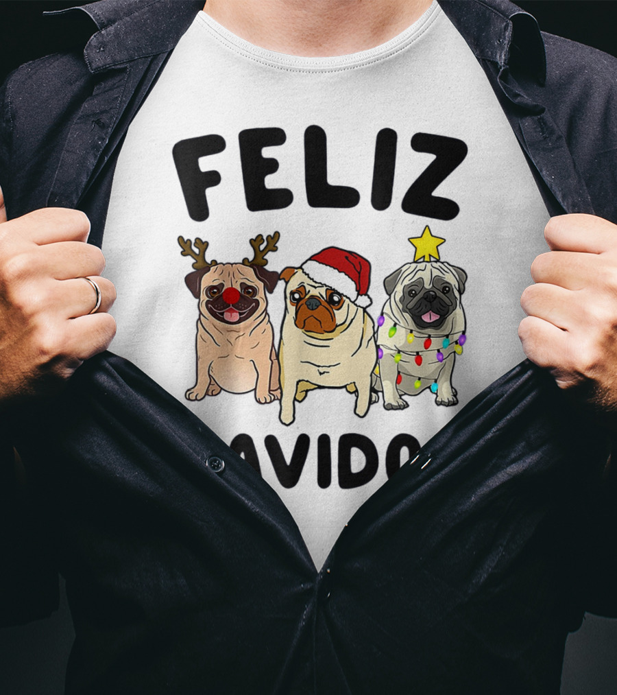 Feliz Navidog Pugs Christmas Antlers Santa Hat Lights T-Shirt