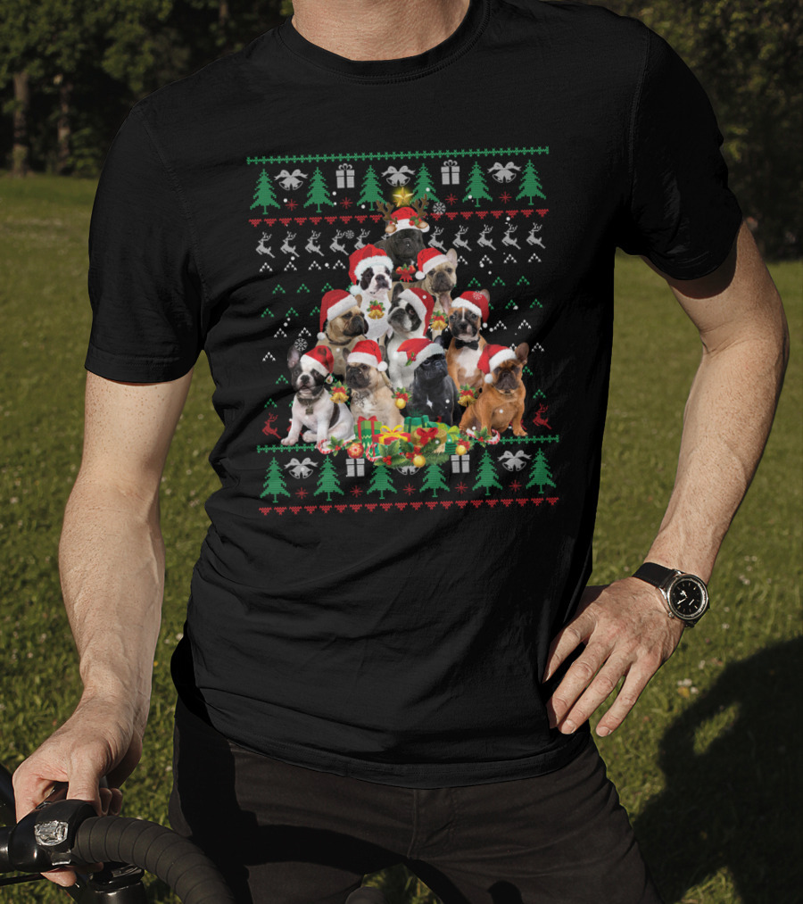 French Bulldog Christmas Tree With Santa Hats T-Shirt