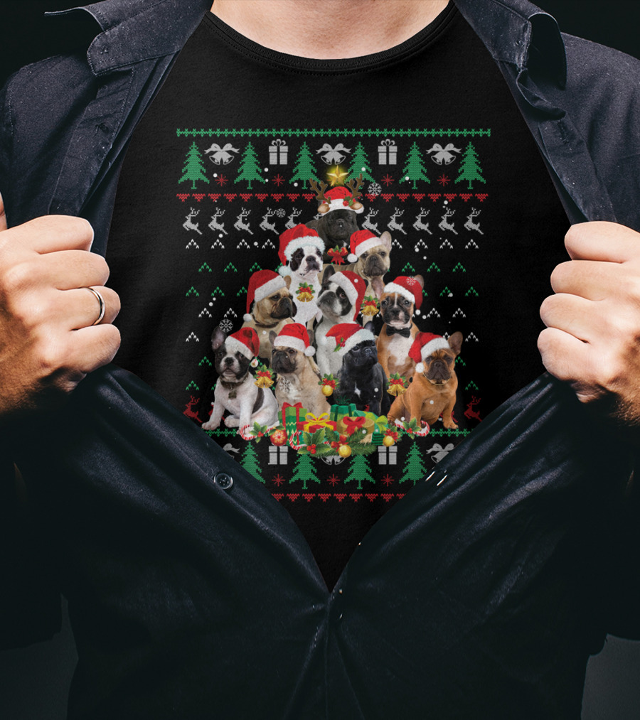 French Bulldog Christmas Tree With Santa Hats T-Shirt
