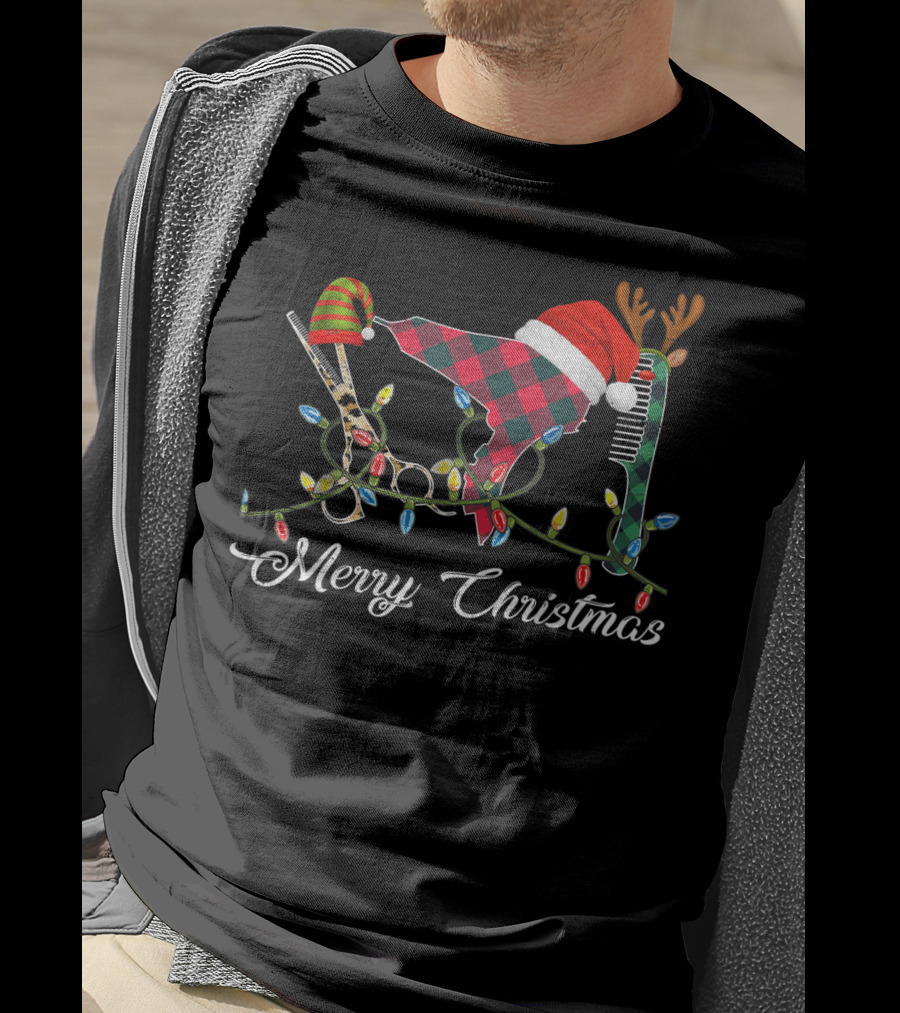 Merry Christmas Hair Stylist Tools With Santa Hat Scissors And Antler Comb T-Shirt