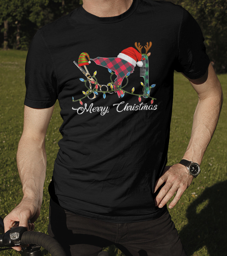 Merry Christmas Hair Stylist Tools With Santa Hat Scissors And Antler Comb T-Shirt