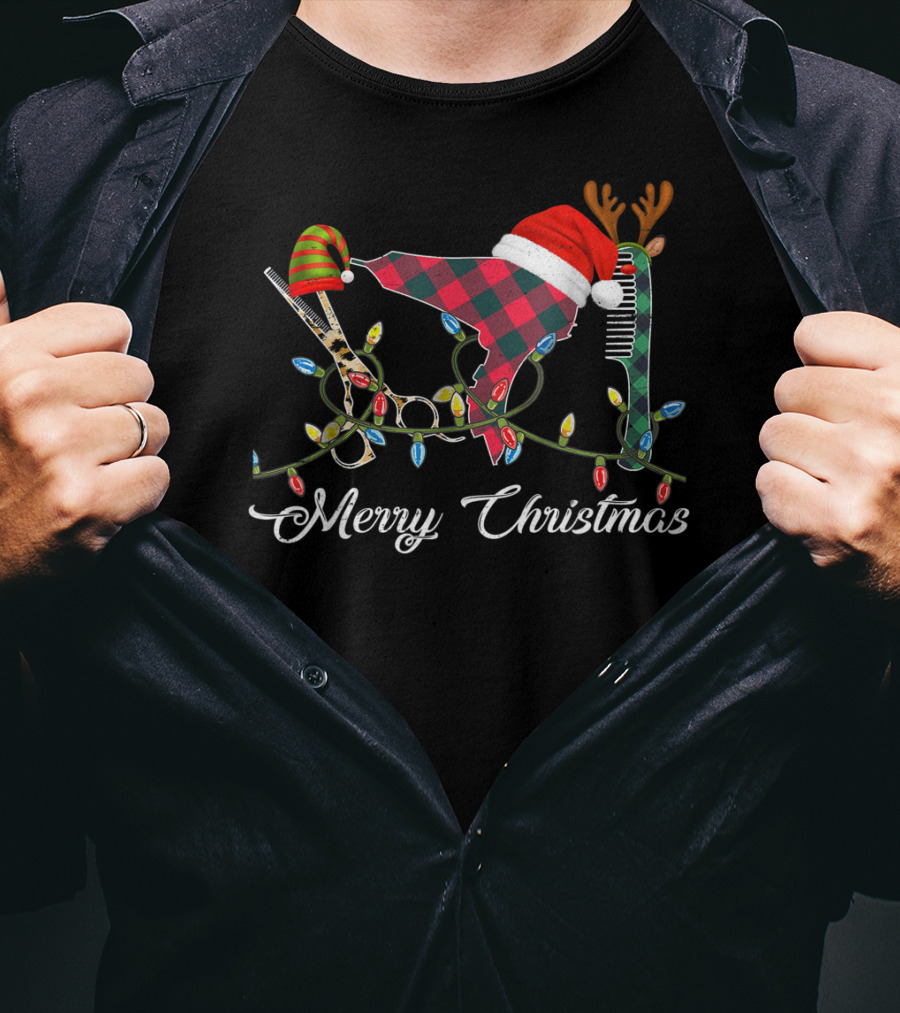 Merry Christmas Hair Stylist Tools With Santa Hat Scissors And Antler Comb T-Shirt