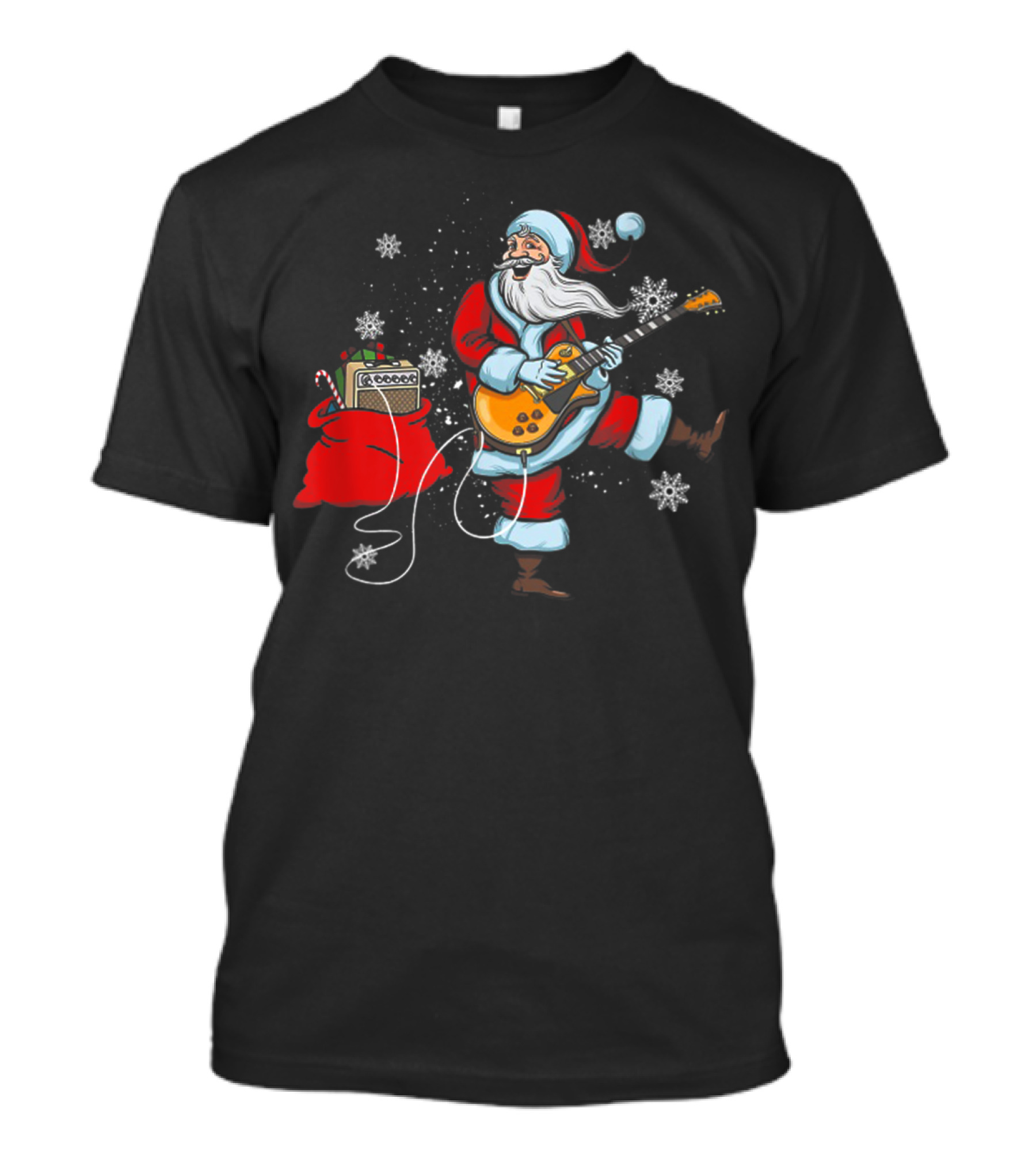 Funny Santa Playing Guitar With Snowflakes And Christmas Bag T-Shirt