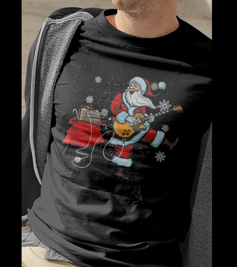Funny Santa Playing Guitar With Snowflakes And Christmas Bag T-Shirt