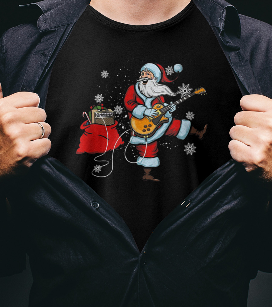 Funny Santa Playing Guitar With Snowflakes And Christmas Bag T-Shirt