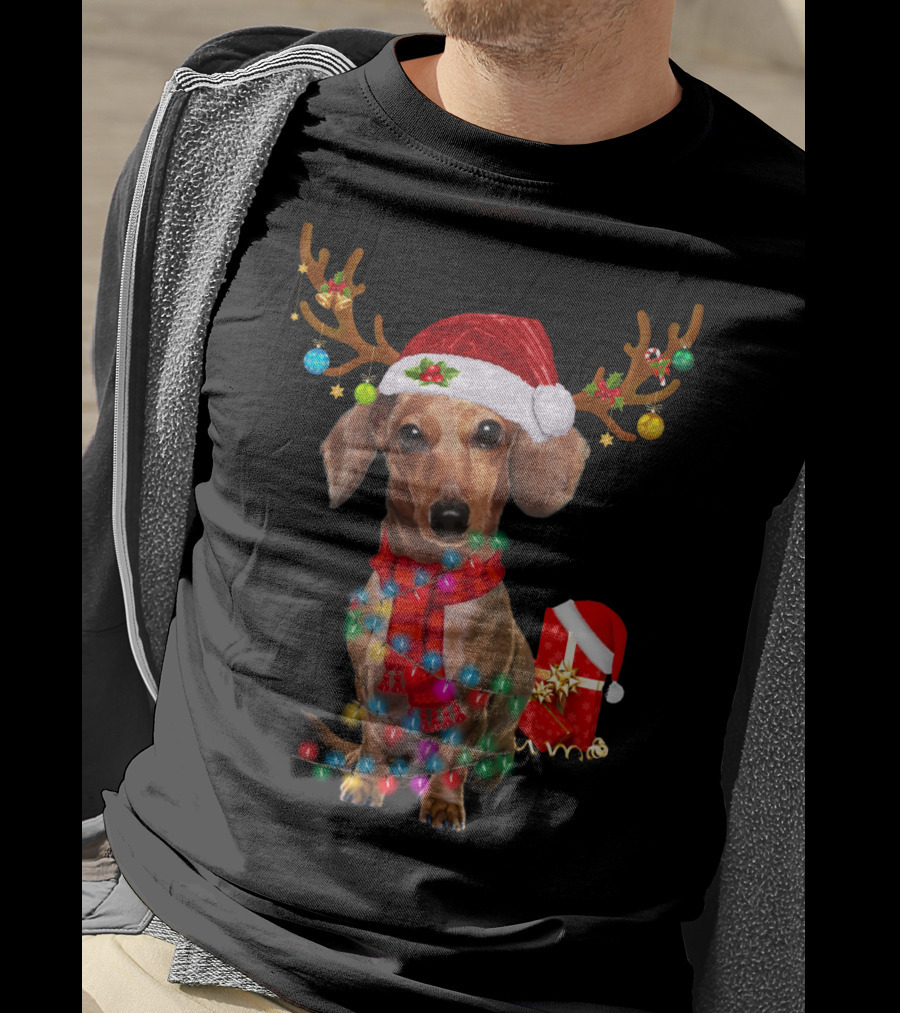 Santa Hat Dachshund With Reindeer Antlers And Christmas Lights T-Shirt