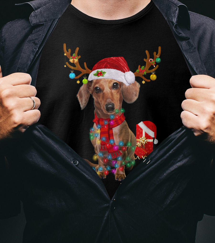 Santa Hat Dachshund With Reindeer Antlers And Christmas Lights T-Shirt