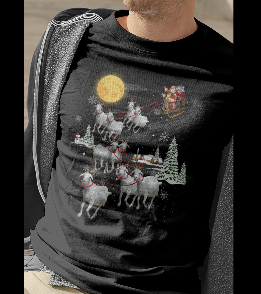 Funny Santa Riding Goat Sleigh Under Full Moon T-Shirt