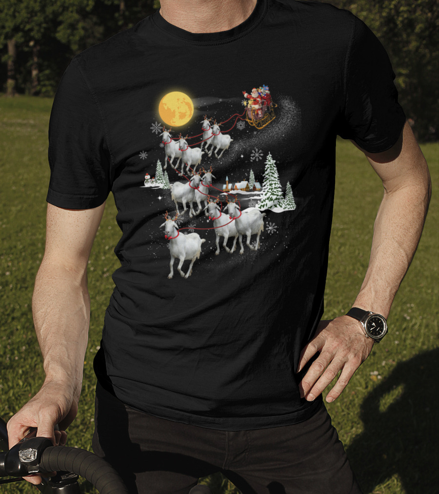 Funny Santa Riding Goat Sleigh Under Full Moon T-Shirt