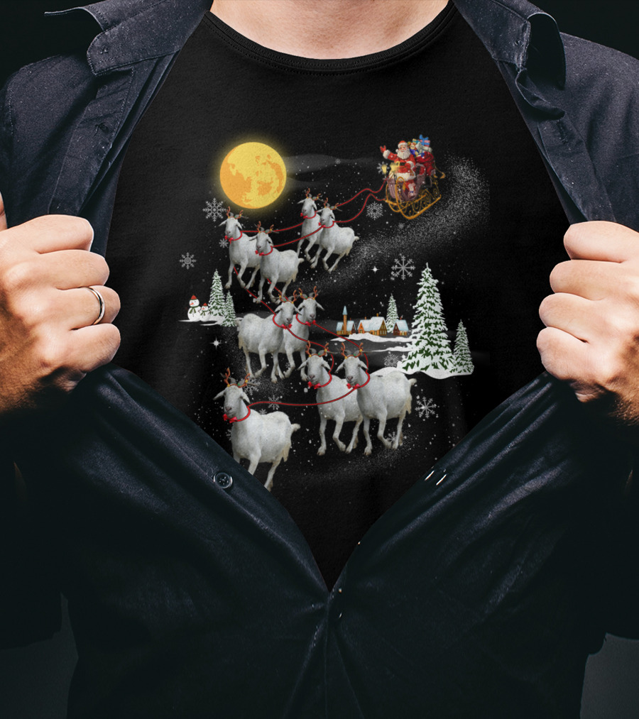 Funny Santa Riding Goat Sleigh Under Full Moon T-Shirt