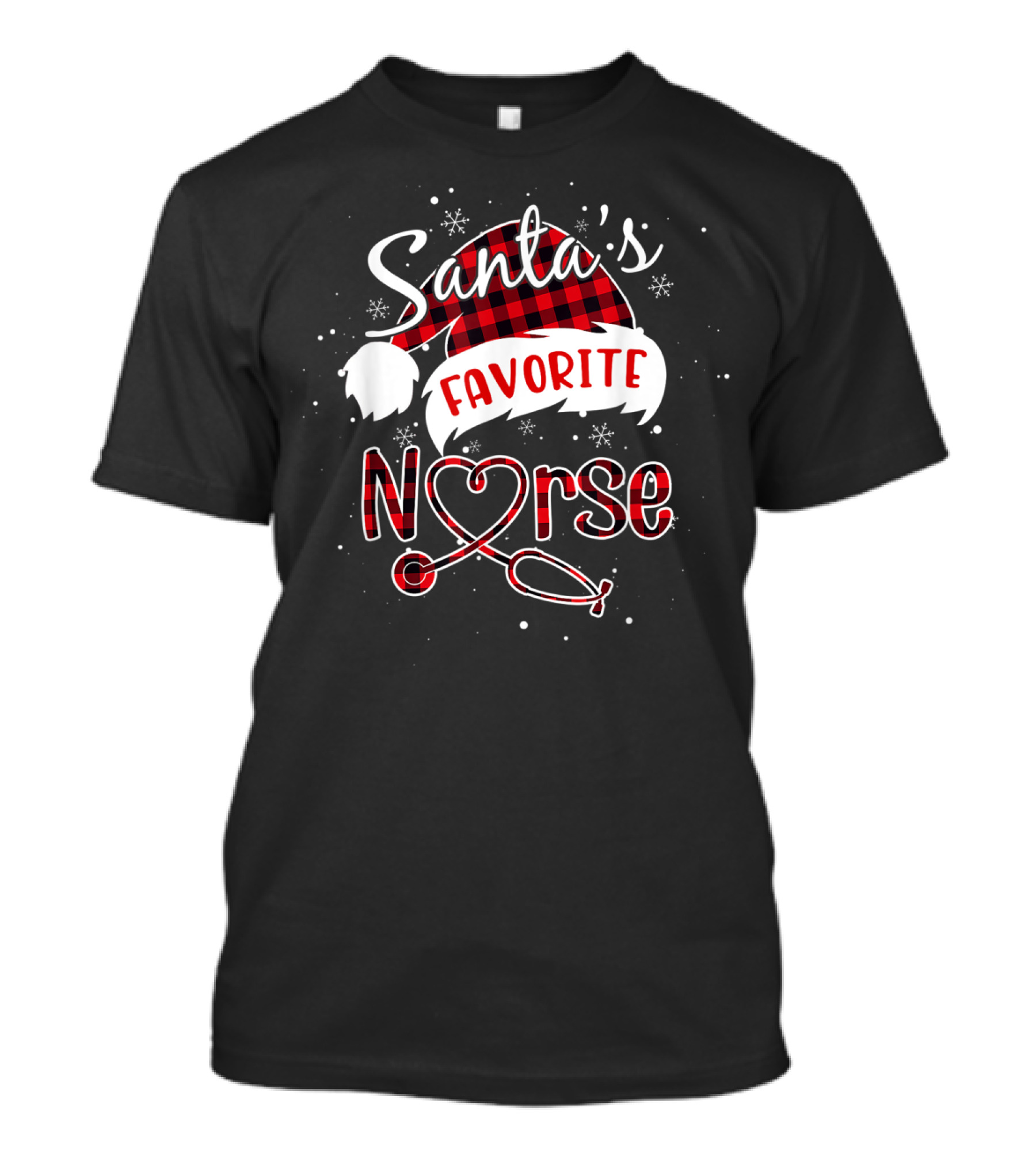 Santa's Favorite Nurse Christmas Hat Red Plaid Stethoscope T-Shirt