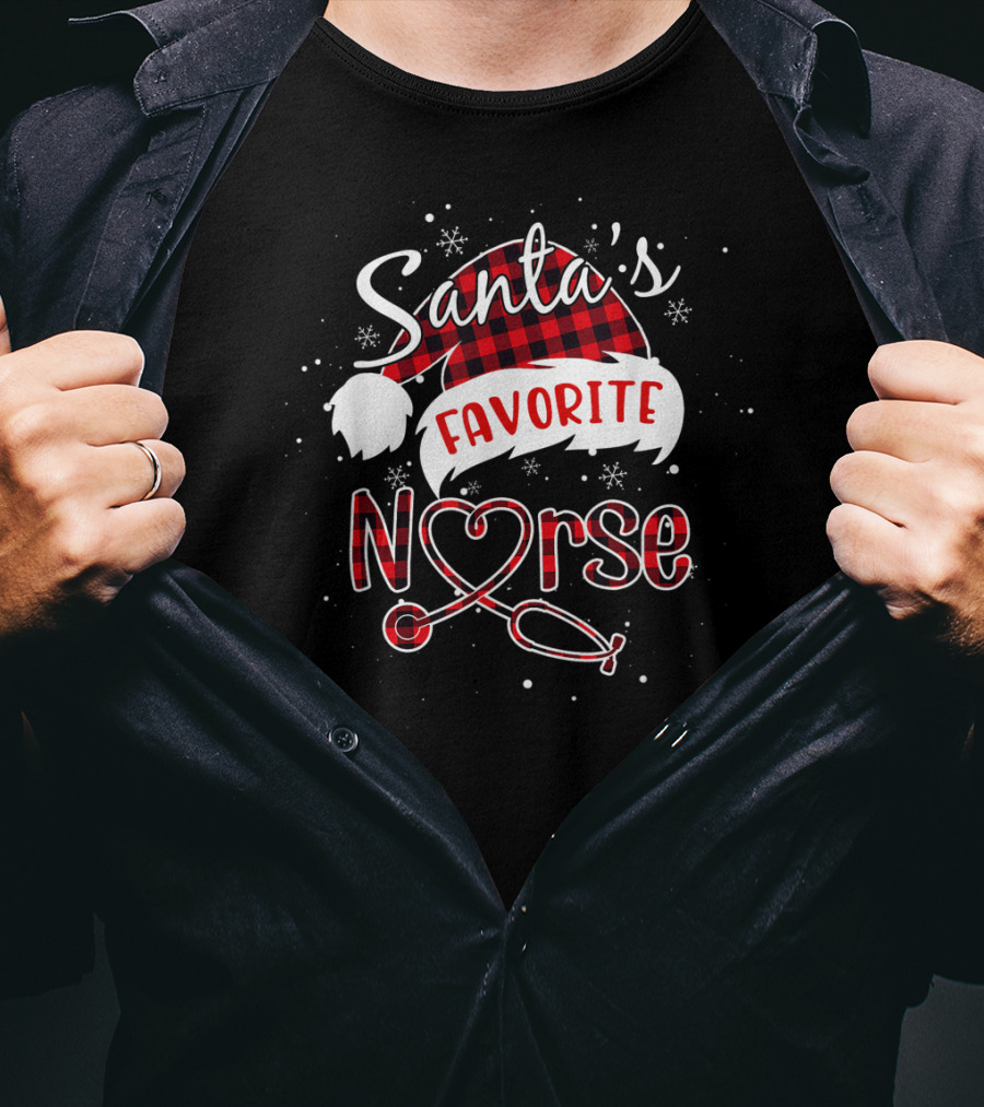 Santa's Favorite Nurse Christmas Hat Red Plaid Stethoscope T-Shirt