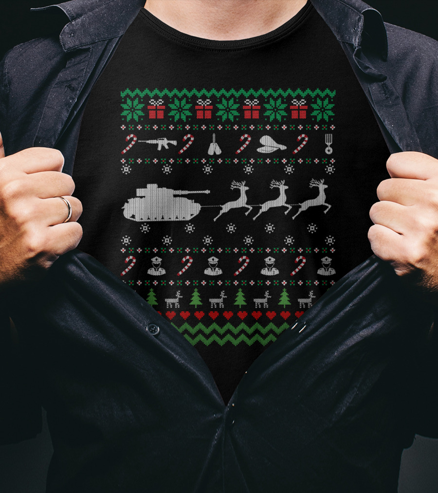 Funny Veteran Ugly Christmas Sweater With Tank Reindeer And Military Decorations T-Shirt
