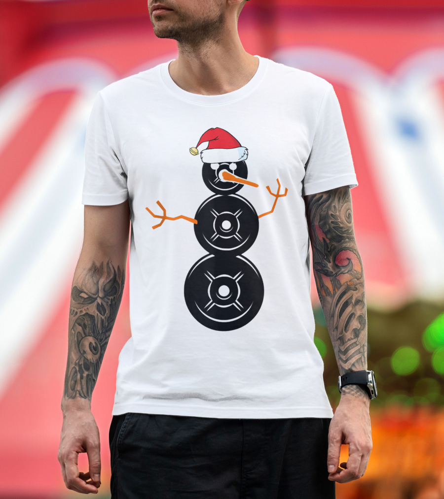 Funny Santa Hat Weightlifting Snowman Barbell T-Shirt
