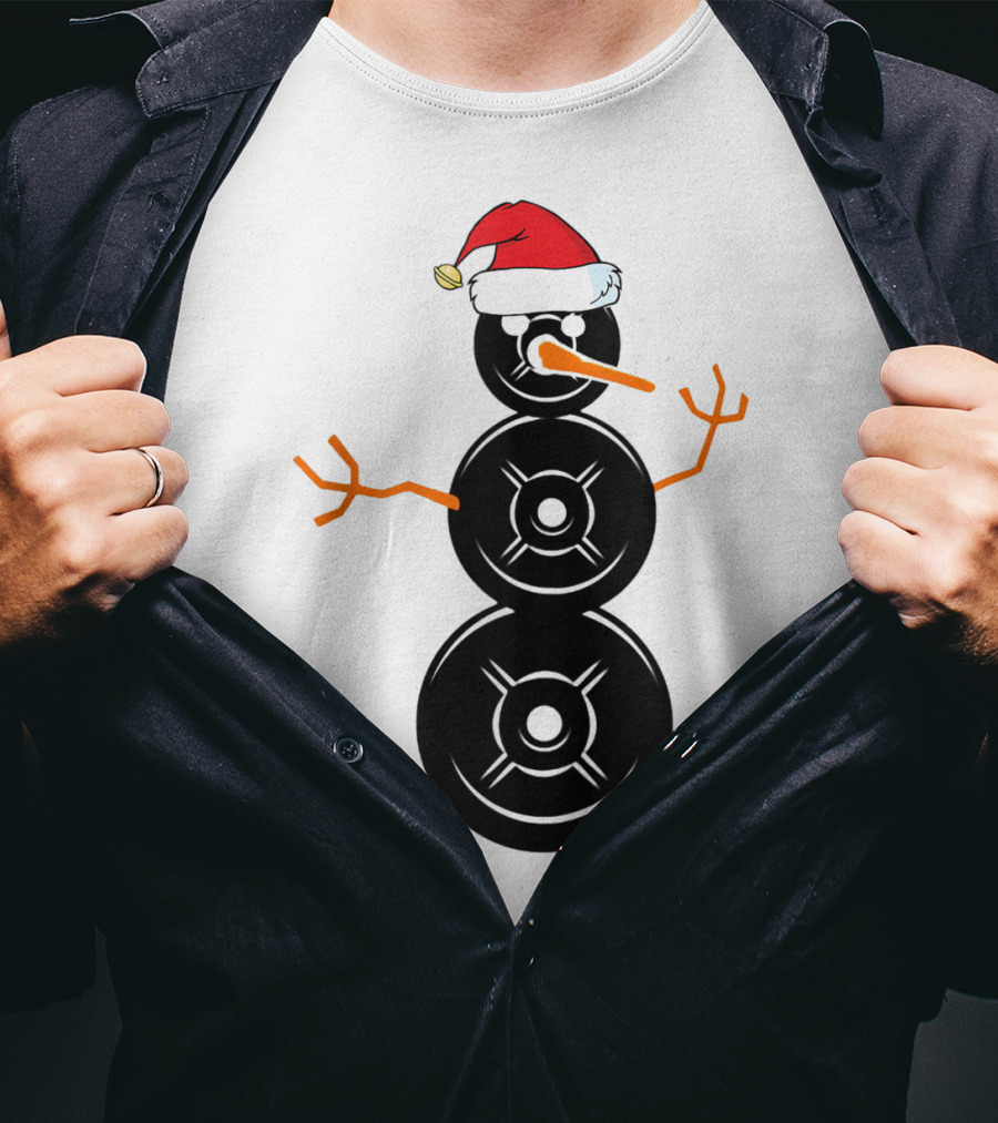 Funny Santa Hat Weightlifting Snowman Barbell T-Shirt