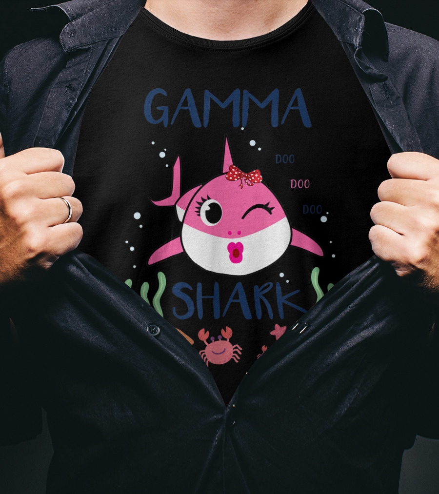Gamma Shark Doo Doo Doo Winking Pink Shark With Bow And Marine Life T-Shirt
