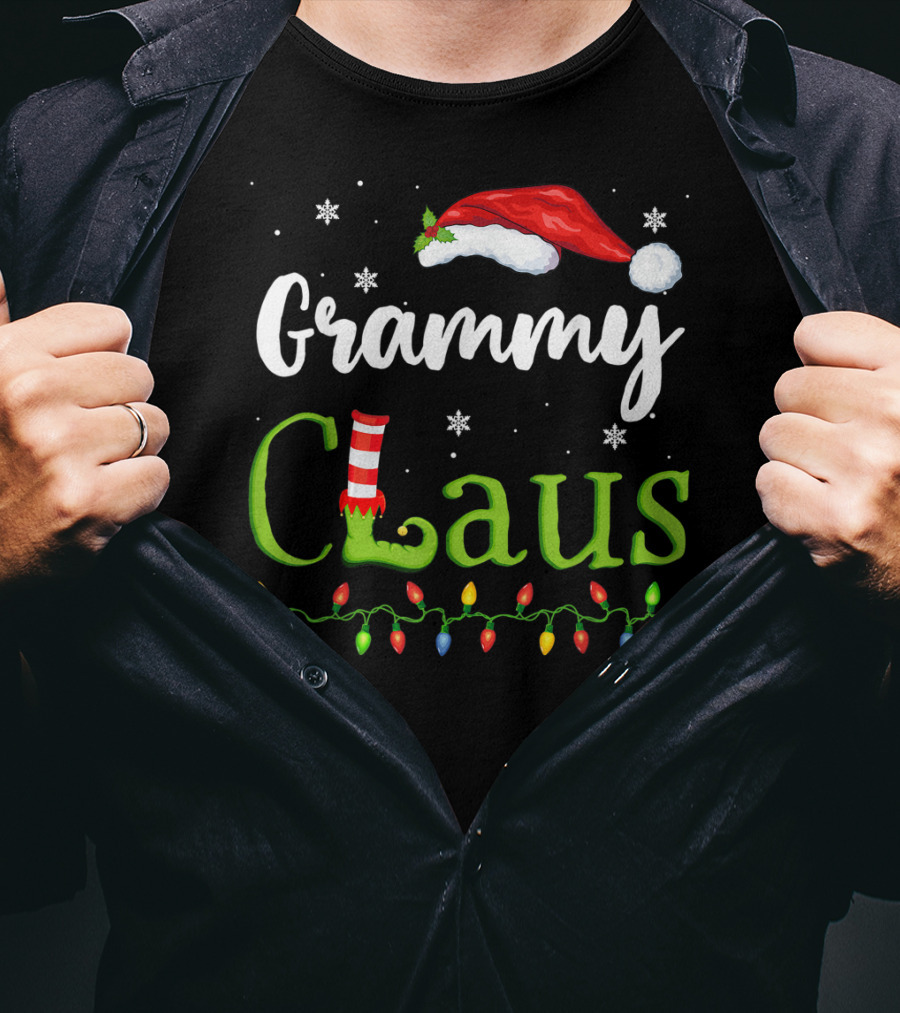 Grammy Claus Santa Grandma With Elf Shoe And Christmas Lights T-Shirt