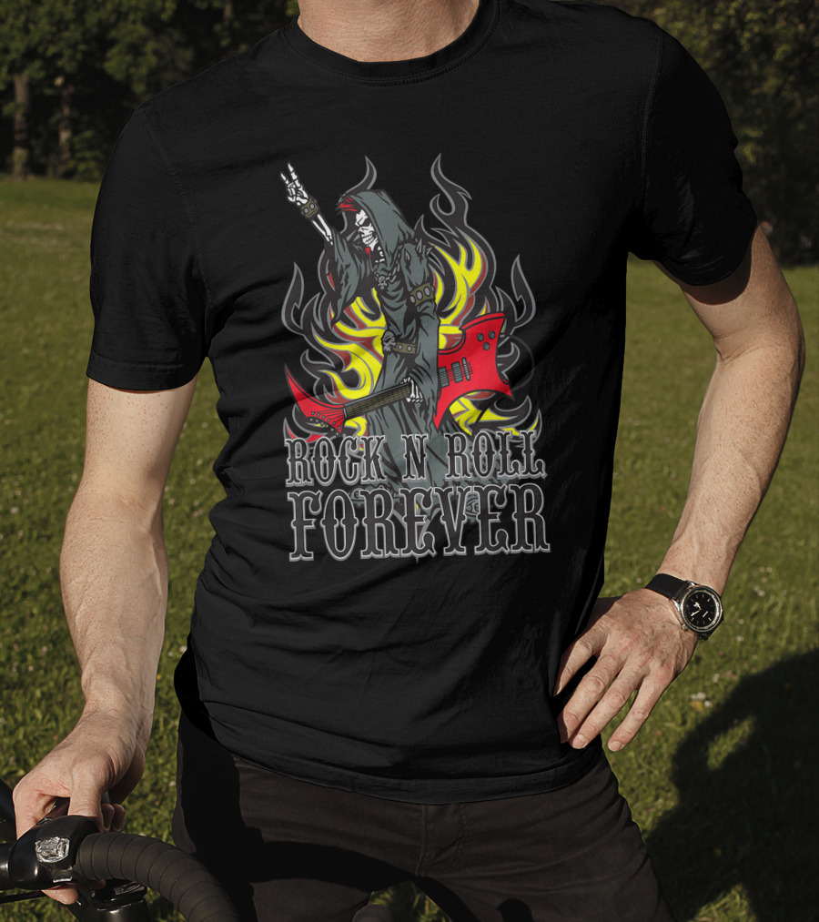 Rock N Roll Forever Grim Reaper Guitar Flames Horns Sign T-Shirt