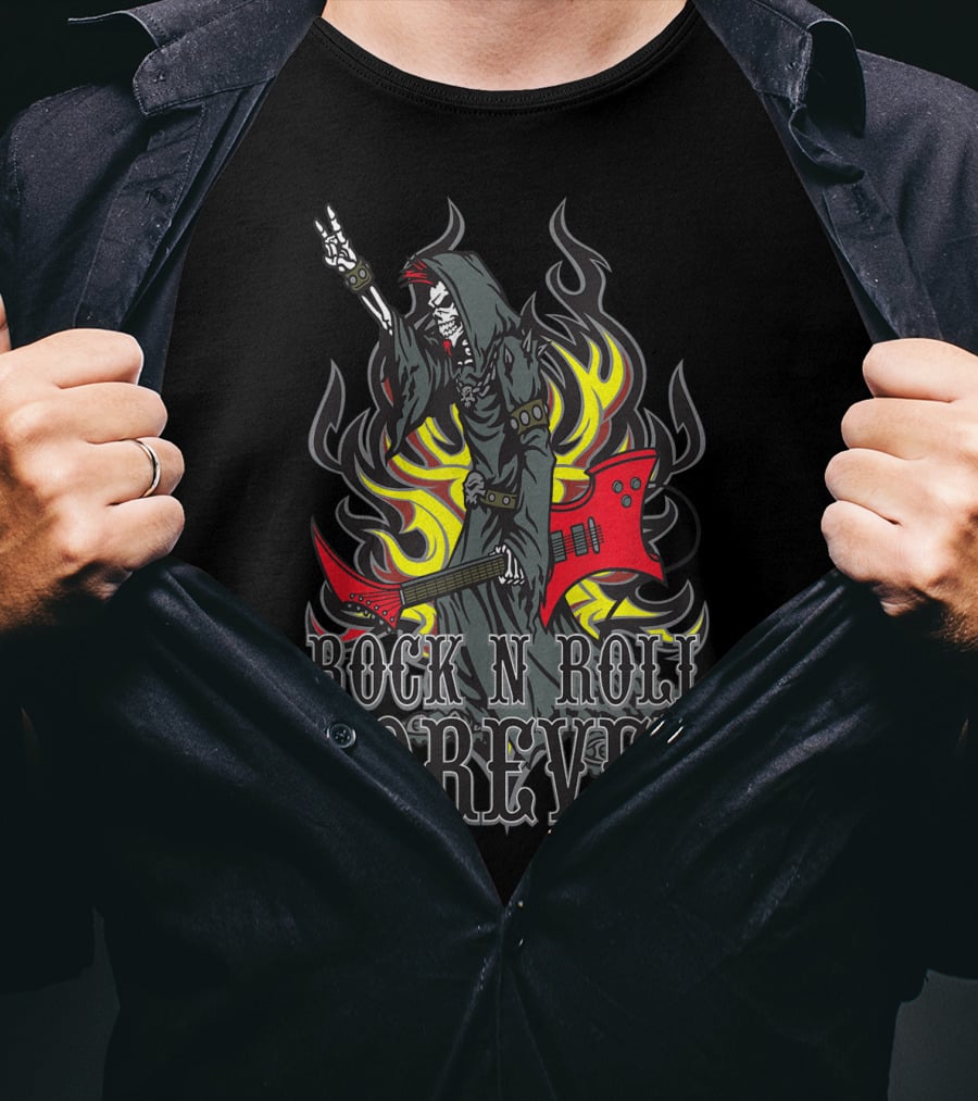 Rock N Roll Forever Grim Reaper Guitar Flames Horns Sign T-Shirt