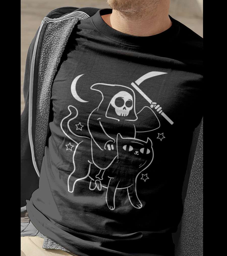 Grim Reaper Ride Satan Cat Demonic Evil Devil Moon Stars T-Shirt