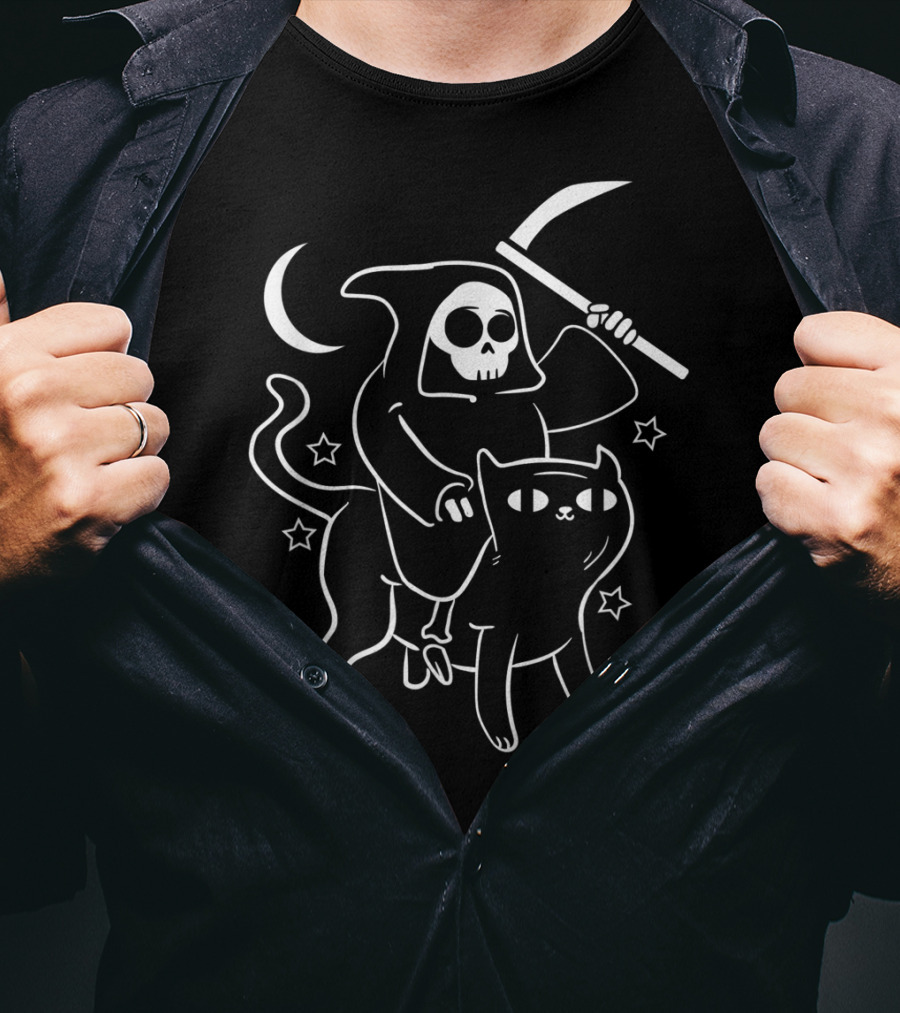 Grim Reaper Ride Satan Cat Demonic Evil Devil Moon Stars T-Shirt