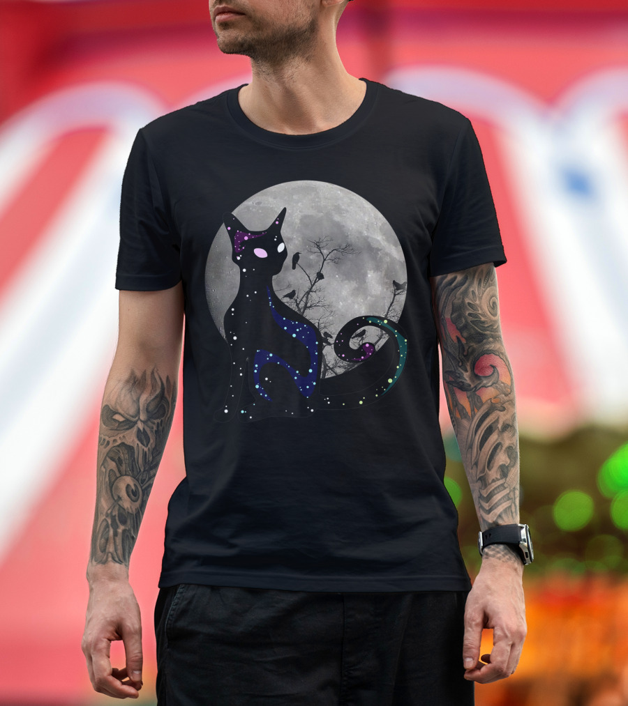Halloween Scary Black Cat Gothic Full Moon Ravens T-Shirt