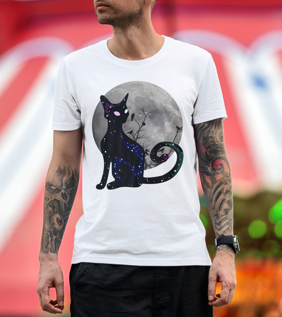 Halloween Scary Black Cat Gothic Full Moon Ravens T-Shirt