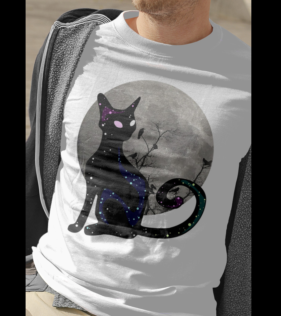 Halloween Scary Black Cat Gothic Full Moon Ravens T-Shirt